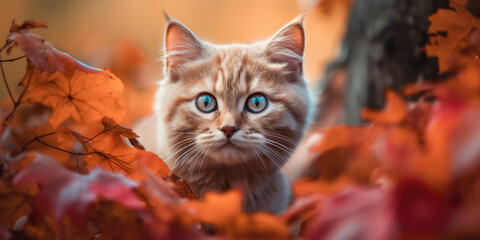 Portrait of a Cat. Red Striped Kitten in autumn leaves