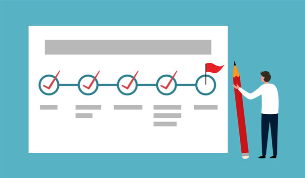 Project tracking, goal tracker, task completion or checklist to remind project progress concept. Businessman project manager holding big pencil to check completed tasks in project management timeline.
