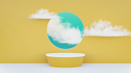 3d rendering, abstract sunny yellow background with white clouds. Stage  for product display in platform, minimal scene, empty podium