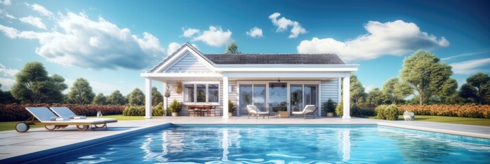 Fototapeta na wymiar illustration of poolhouse, pool, sunny day, blue sky, generative AI