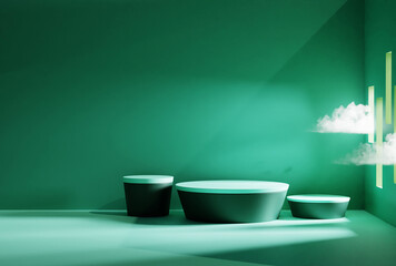 3d rendering, abstract sunny green background with white clouds. Stage for product display in platform, minimal scene, empty podium