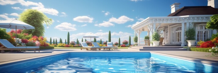 illustration of poolhouse, pool, sunny day, blue sky, generative AI - obrazy, fototapety, plakaty