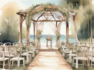 Romantic Watercolor Wedding Illustration: Outdoor Ceremony