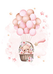 Watercolor illustration set of Teddy Bear Flying with Balloons with Stars
