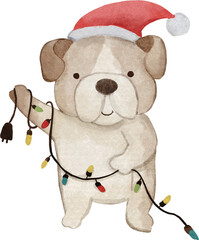 Dog with santa claus hat and light garlands . Christmas celebration concept . Watercolor paint cartoon characters . PNG .