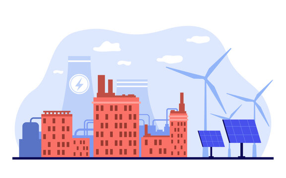 Renewable energy hub vector illustration. Solar panels and windmills generate power for city life support systems. Industry, energy, renewable resources concept