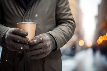 Fototapeta na wymiar Hombre sujetando una taza de café caliente en la calle. Clima invernal. Ropa de abrigo