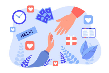 Hand reaching another hand to help vector illustration with Like icons, dollar banknotes, gift box on background. Assistance, support, guiding aspect of mentorship.