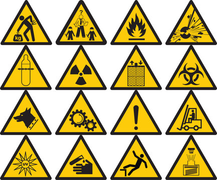 Signos de advertencia , precaución, alerta,  triangulo amarillo, montacargas, piñones, electricidad, gas, calor,Warning signs, caution, alert, yellow triangle, forklift, sprockets, electricity, gas