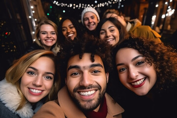 Fototapeta premium Group of young people friends or colleague smiling and selfie at Christmas or new year party.