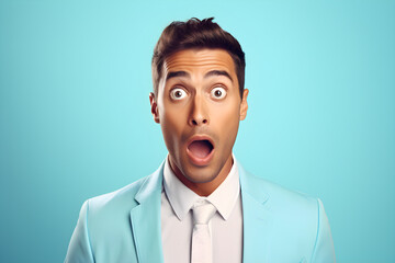 Young handsome manager man, surprised and excited, open eyes and mouth wearing blue business suit on bright blue colour background