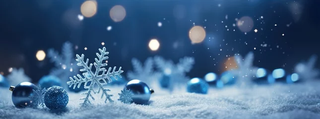 Foto op Plexiglas Winter snowy background with Christmas toys, snowdrifts, beautiful light and snow flakes on the blue sky in the evening, banner format, copy space. Christmas decoration © 思源 蒋