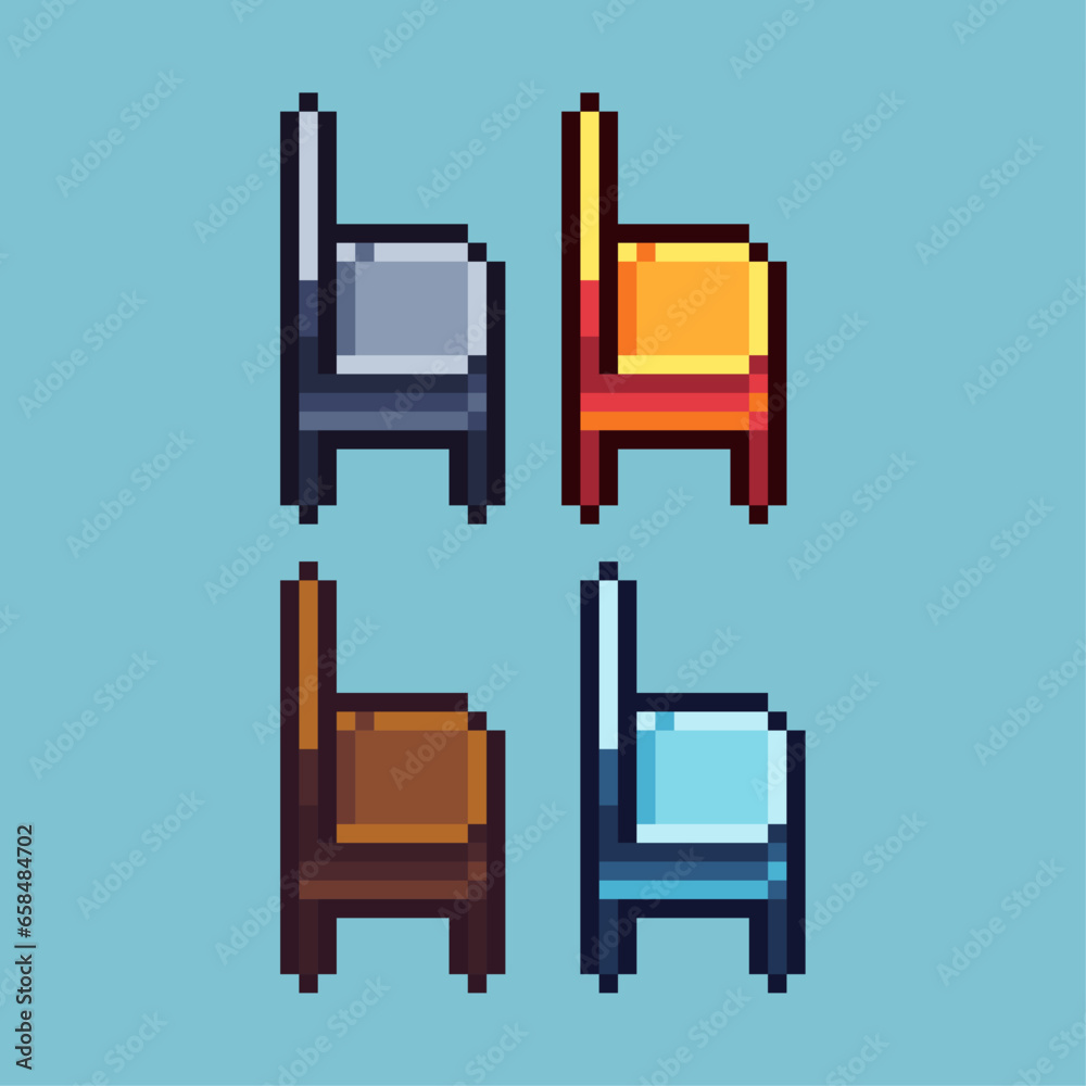 Poster pixel art sets of gold chair with variation color item asset. simple bits of chair interior on pixel