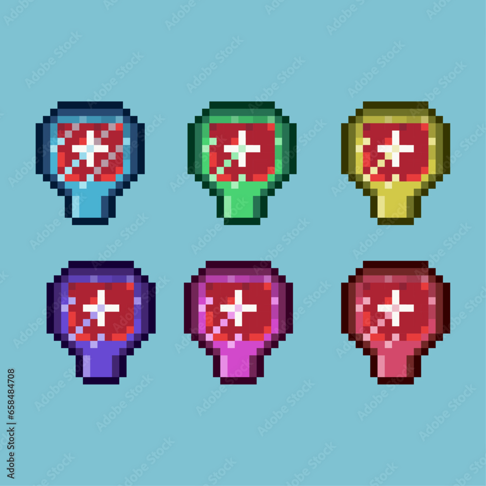 Poster pixel art sets of blood bag with variation color item asset. simple bits of blood bag on pixelated s