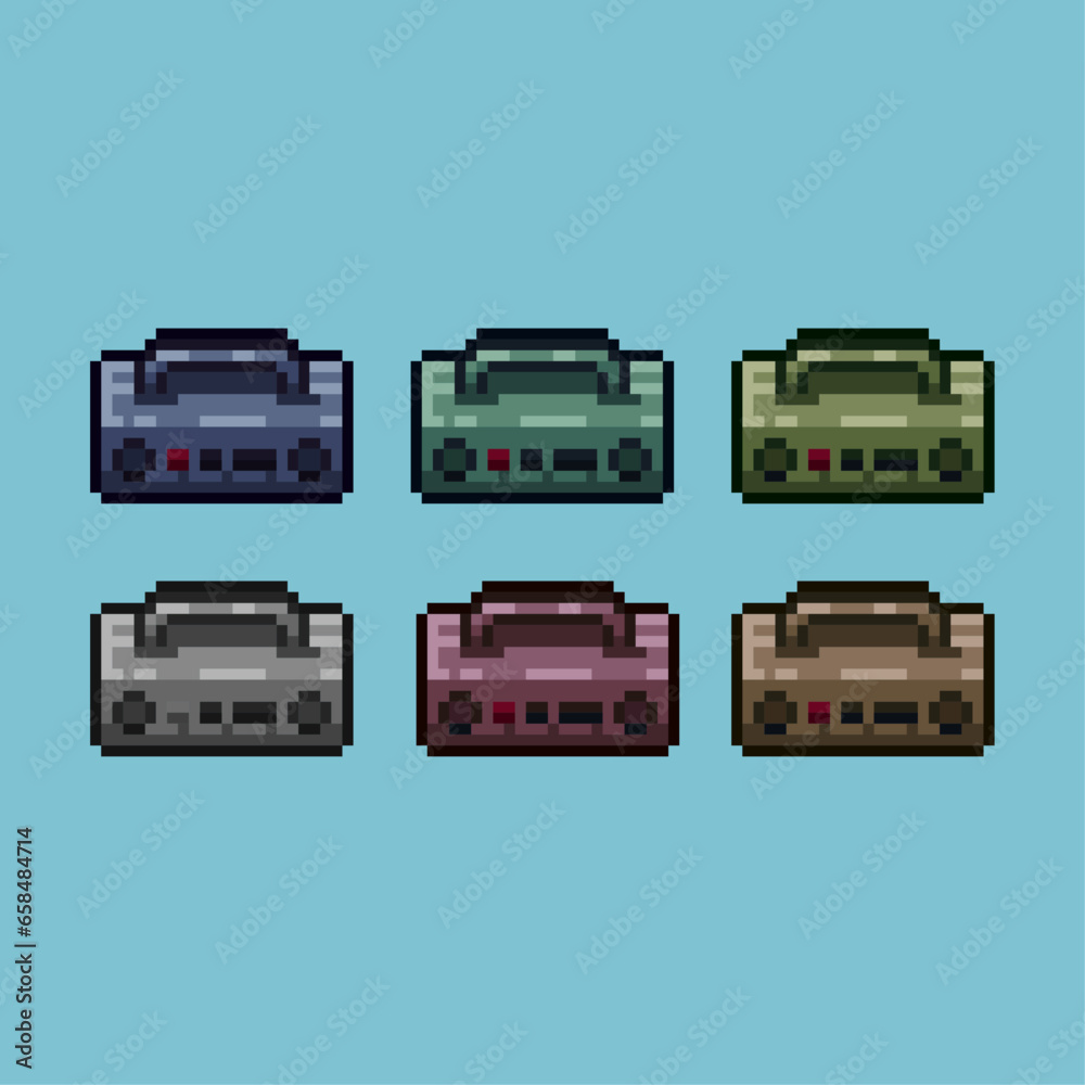 Poster pixel art sets of radio with variation color item asset. simple bits of electric radio on pixelated 
