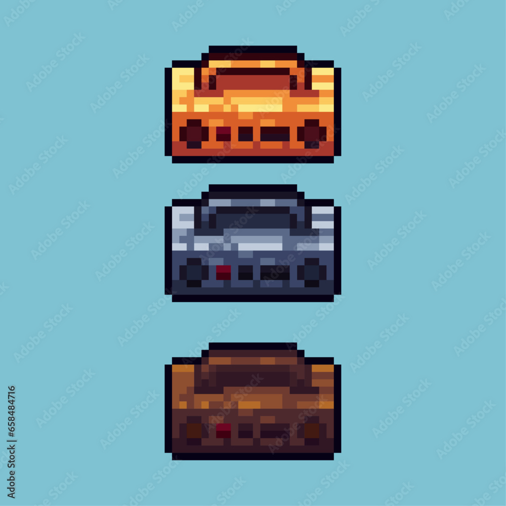 Poster pixel art sets of gold,silver,and wood radio with variation color item asset. simple bits of radio o