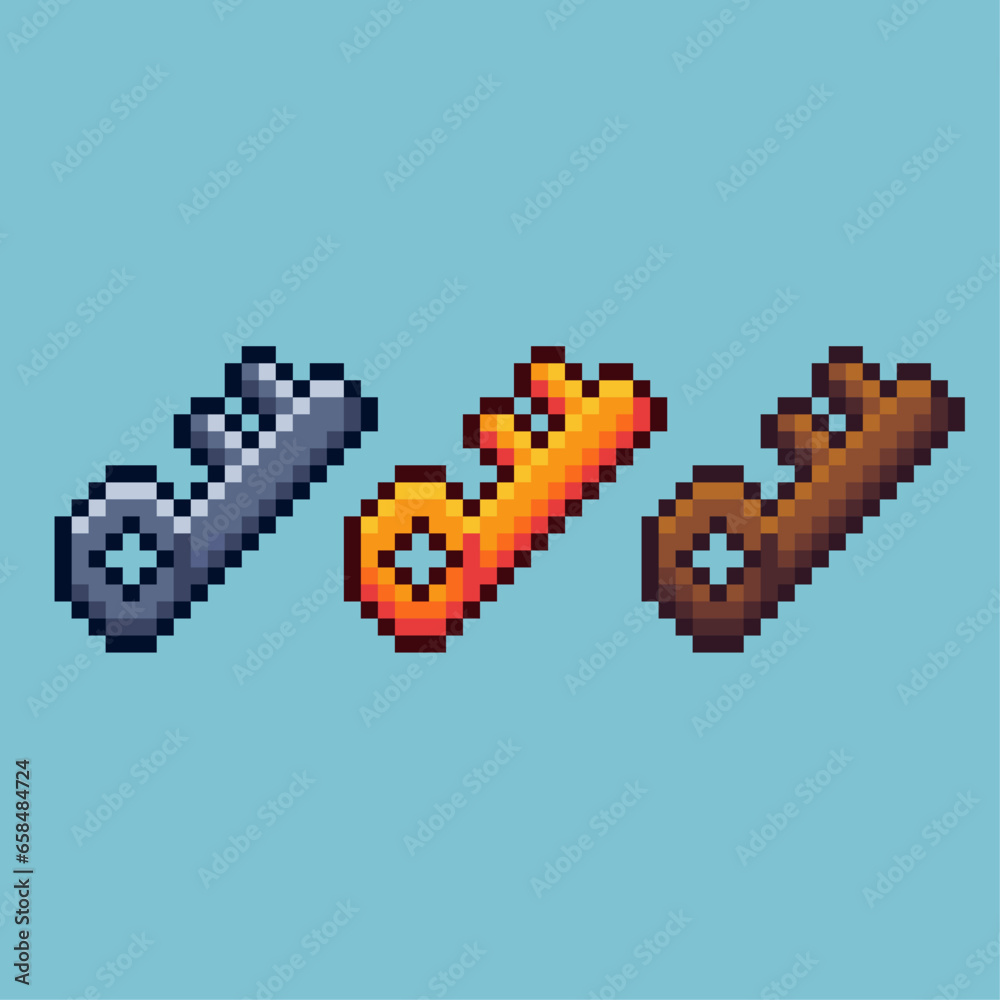 Poster pixel art sets of gold silver wood key with variation color item asset. simple bits of key on pixela
