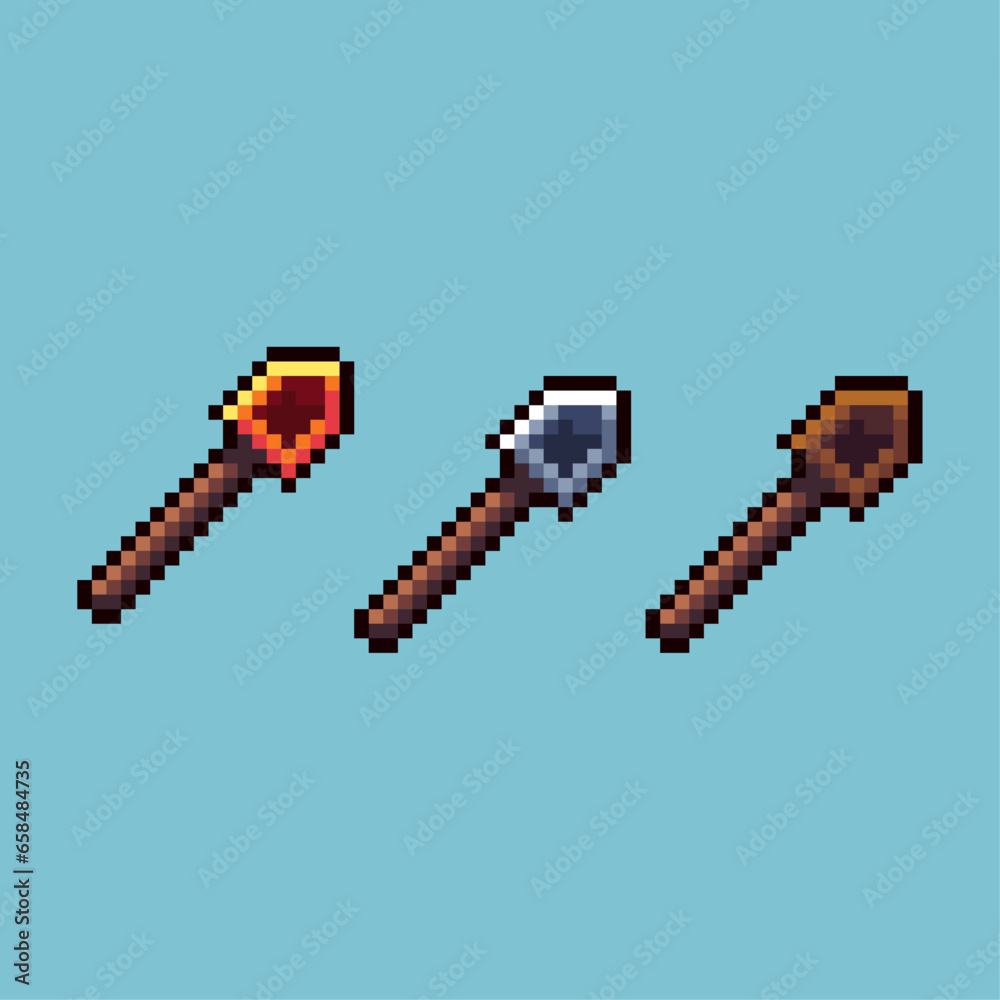 Poster pixel art sets of shovel with variation color item asset. simple bits of shovel farm tools on pixela