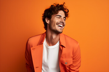 Colourful portrait of a handsome happy man laughing and smiling wearing orange jacket on bright orange background - obrazy, fototapety, plakaty