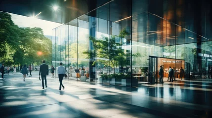Foto op Plexiglas Glass office and working space with blurred people walking fast movement, Eco-friendly featuring sustainable building with green environment and trees, green environment in city, Generative AI © Onchira