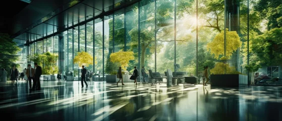 Foto op Canvas Glass office and working space with blurred people walking fast movement, Eco-friendly featuring sustainable building with green environment and trees, green environment in city, Generative AI © Onchira