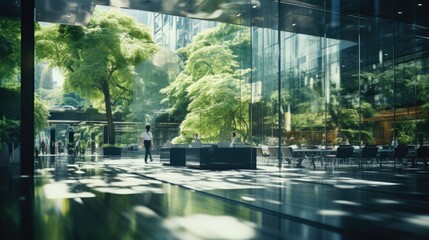 Glass office and working space with blurred people walking fast movement, Eco-friendly featuring sustainable building with green environment and trees, green environment in city, Generative AI - obrazy, fototapety, plakaty