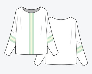 Contrast Striped Panel Ribbed Sweater Front and Back View Flat Sketch Vector Template