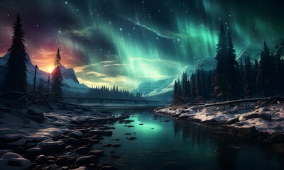 The phenomenon of the Northern Lights, green, blue, and blue lights mixed together, exquisitely beautiful, shining down from the sky onto the river. 