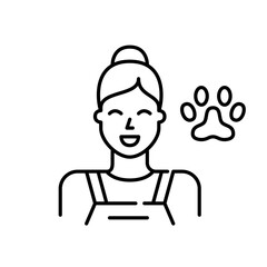 Pet groomer. Smiling kind girl in apron with paw symbol. Pixel perfect, editable stroke icon