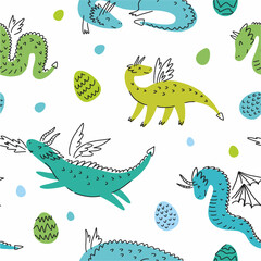 Vector pattern from a collection of various dragons and dinosaurs, hand-drawn in doodle style