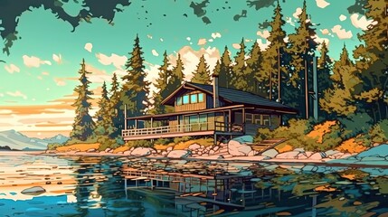 Tranquil lakeside retreat. Fantasy concept , Illustration painting.