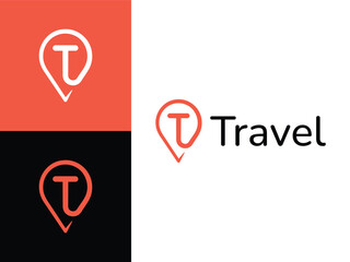 modern simple letter T travel trip tour with point pin map icon logo design