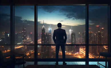 Fototapeta na wymiar Businessman looking at the night city skyscraper from office window. Generative ai