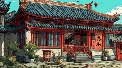 Traditional Chinese courtyard house. Fantasy concept , Illustration painting.