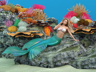 3D render: a fantasy beautiful mermaid creature character is sitting on the rock among coral reef under the sea