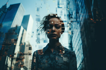 Beauty, fashion, make-up, fine art concept. Abstract minimalist beautiful woman portrait in glitch or double exposure effect. Big cityscape in exposure reflection. Muted pastel colors. Generative AI - obrazy, fototapety, plakaty