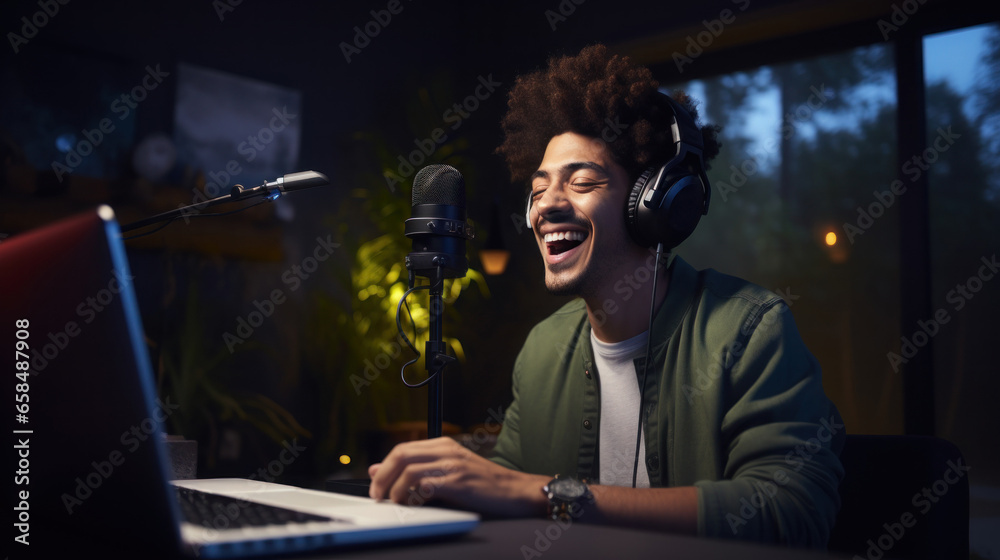 Wall mural A young content creator talking in the home studio