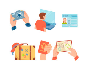 Air travel vector illustration set. Man on customs control, border crossing stamp, travel camera, suitcase with summer hat, passport in hand, tourist visa. Air flight, journey, travel concept