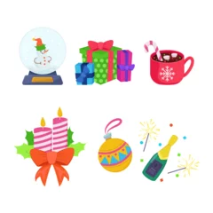 Tapeten Christmas design elements icon set. Champagne with Bengal lights, snowman in glass ball, candles, hot chocolate in mug, gift boxes illustrations in cartoon style. Holiday, decoration, party concept © Mangostar