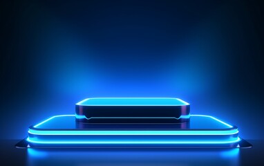 empty blue neon podium on dark background
