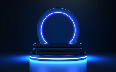 empty blue neon podium on dark background