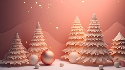 pink origami Christmas trees with decorations on light pink background with copy space.  Christmas and New Year greeting card design.  - obrazy, fototapety, plakaty