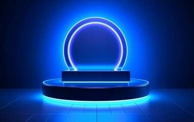 empty blue neon podium on dark background