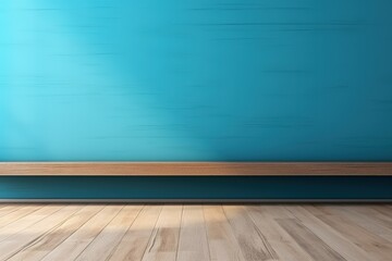 Blue turquoise empty wall and wooden floor with interesting with glare from the window. Interior background for the presentation