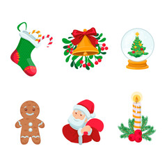 Cartoon vector set of Christmas icons. Stocking with candy cane, Christmas tree, bell, Santa Clause, candle illustrations in cartoon style. Holiday, decoration, celebration concept