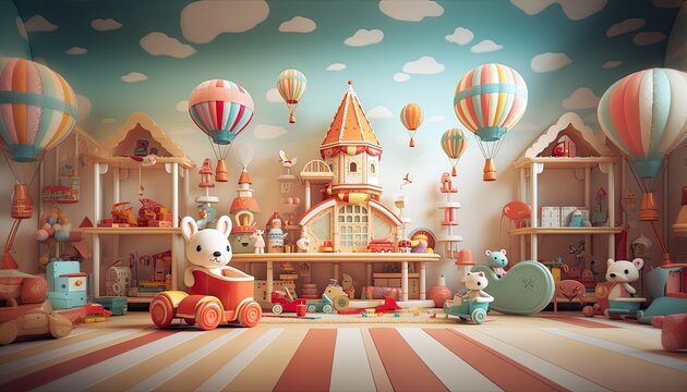 Playroom for children with classic toys as backdrop for studio photo of child