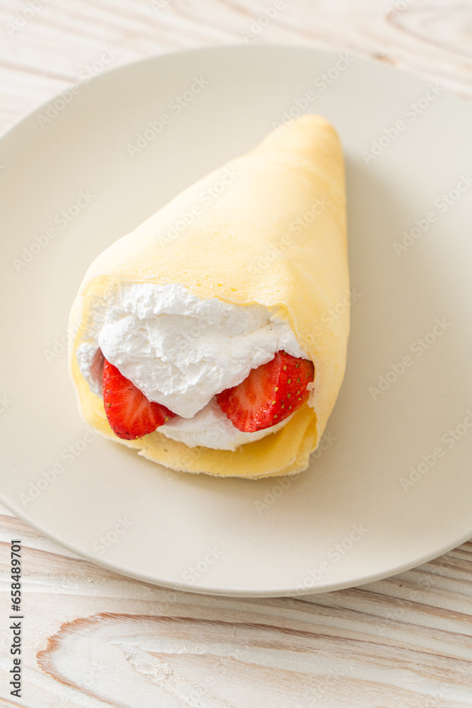 Sticker fresh strawberry cream crepe on plate