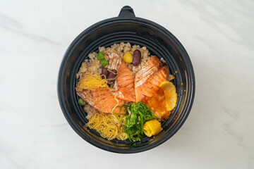 grilled salmon with brown rice donburi