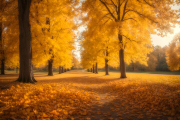 Fototapeta na wymiar Beautiful autumn landscape with yellow trees and sun.