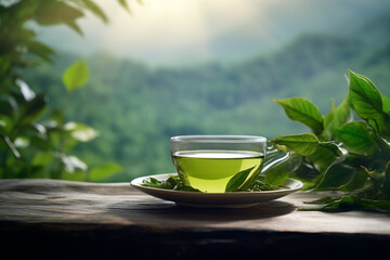 Drinks, leisure, healthy lifestyles and travel concept. Cup of green tea placed on table in tea plantations and mountains landscape background. Sun illumination. Generative AI - obrazy, fototapety, plakaty